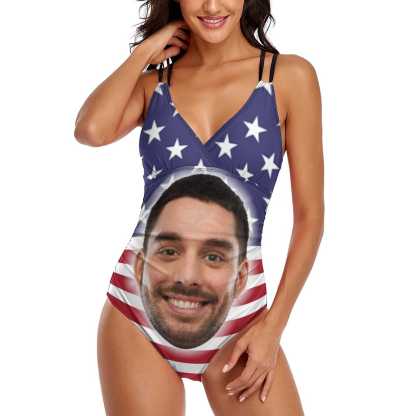 Custom #Independence Day#Custom Big Face Swimsuit Personalized Women's One Piece Swimsuit With Lover's Face - YesCustom
