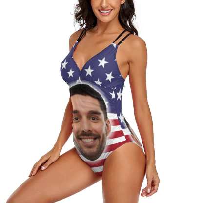 Custom #Independence Day#Custom Big Face Swimsuit Personalized Women's One Piece Swimsuit With Lover's Face - YesCustom