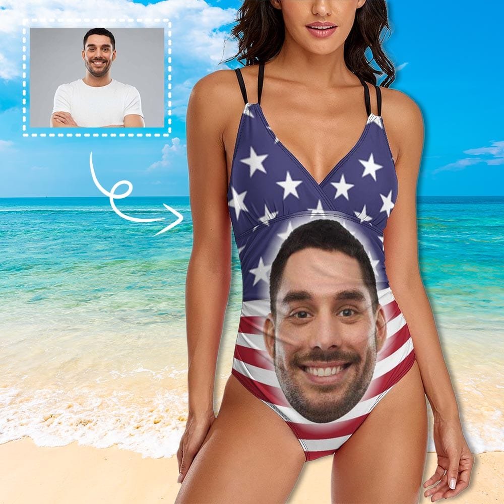 Custom #Independence Day#Custom Big Face Swimsuit Personalized Women's One Piece Swimsuit With Lover's Face - YesCustom