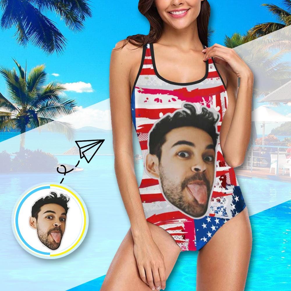 Custom #July 4-4th of July Boat Trip Beach Cruise Outfit Custom Boyfriend Face Swimsuit Personalized USA Flag Women's One Piece Bathing Suit Celebrate Holiday Funny Party - YesCustom