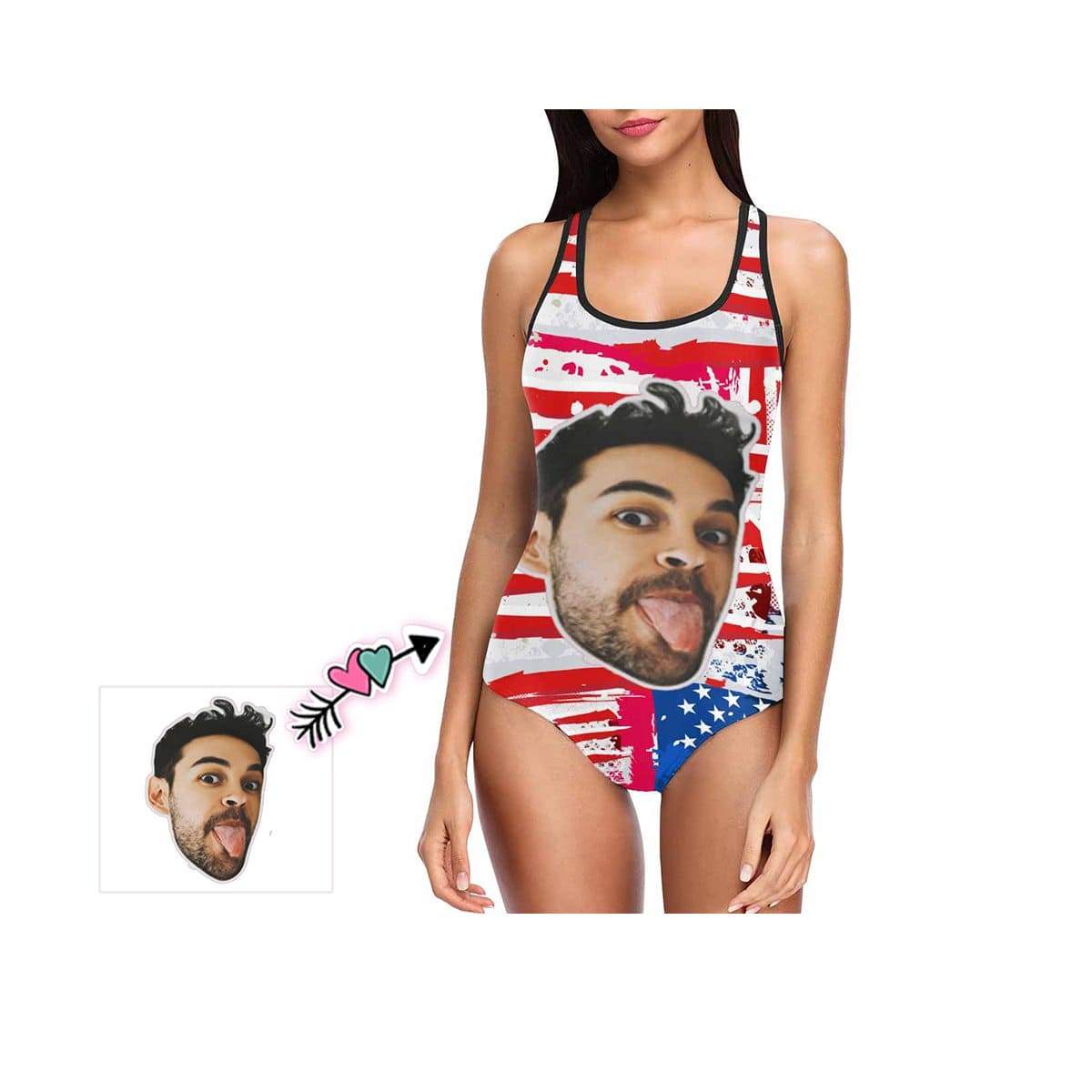 Custom #July 4-4th of July Boat Trip Beach Cruise Outfit Custom Boyfriend Face Swimsuit Personalized USA Flag Women's One Piece Bathing Suit Celebrate Holiday Funny Party - YesCustom