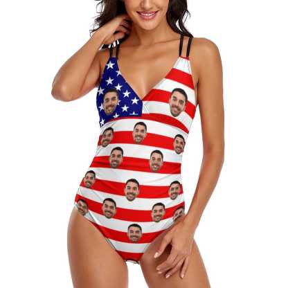 Custom #July 4-4th of July Custom Face Stripe Flag Swimsuit Personalized Women's One Piece Swimsuit - YesCustom