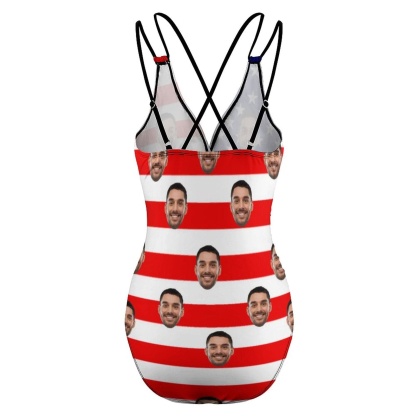 Custom #July 4-4th of July Custom Face Stripe Flag Swimsuit Personalized Women's One Piece Swimsuit - YesCustom