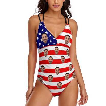 Custom #July 4-4th of July Custom Face Stripe Flag Swimsuit Personalized Women's One Piece Swimsuit - YesCustom