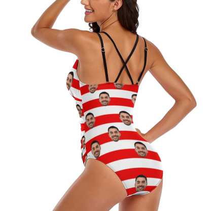Custom #July 4-4th of July Custom Face Stripe Flag Swimsuit Personalized Women's One Piece Swimsuit - YesCustom