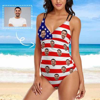 Custom #July 4-4th of July Custom Face Stripe Flag Swimsuit Personalized Women's One Piece Swimsuit - YesCustom