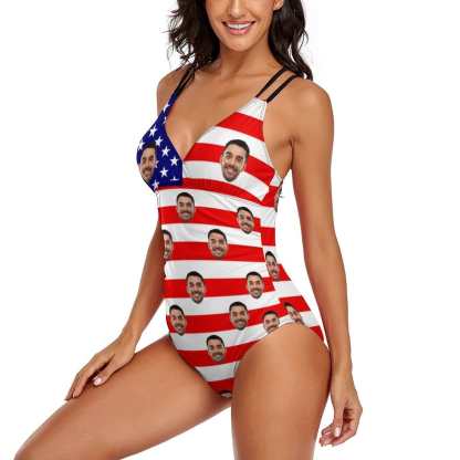 Custom #July 4-4th of July Custom Face Stripe Flag Swimsuit Personalized Women's One Piece Swimsuit - YesCustom