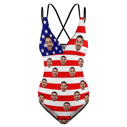 Custom #July 4-4th of July Custom Face Stripe Flag Swimsuit Personalized Women's One Piece Swimsuit - YesCustom