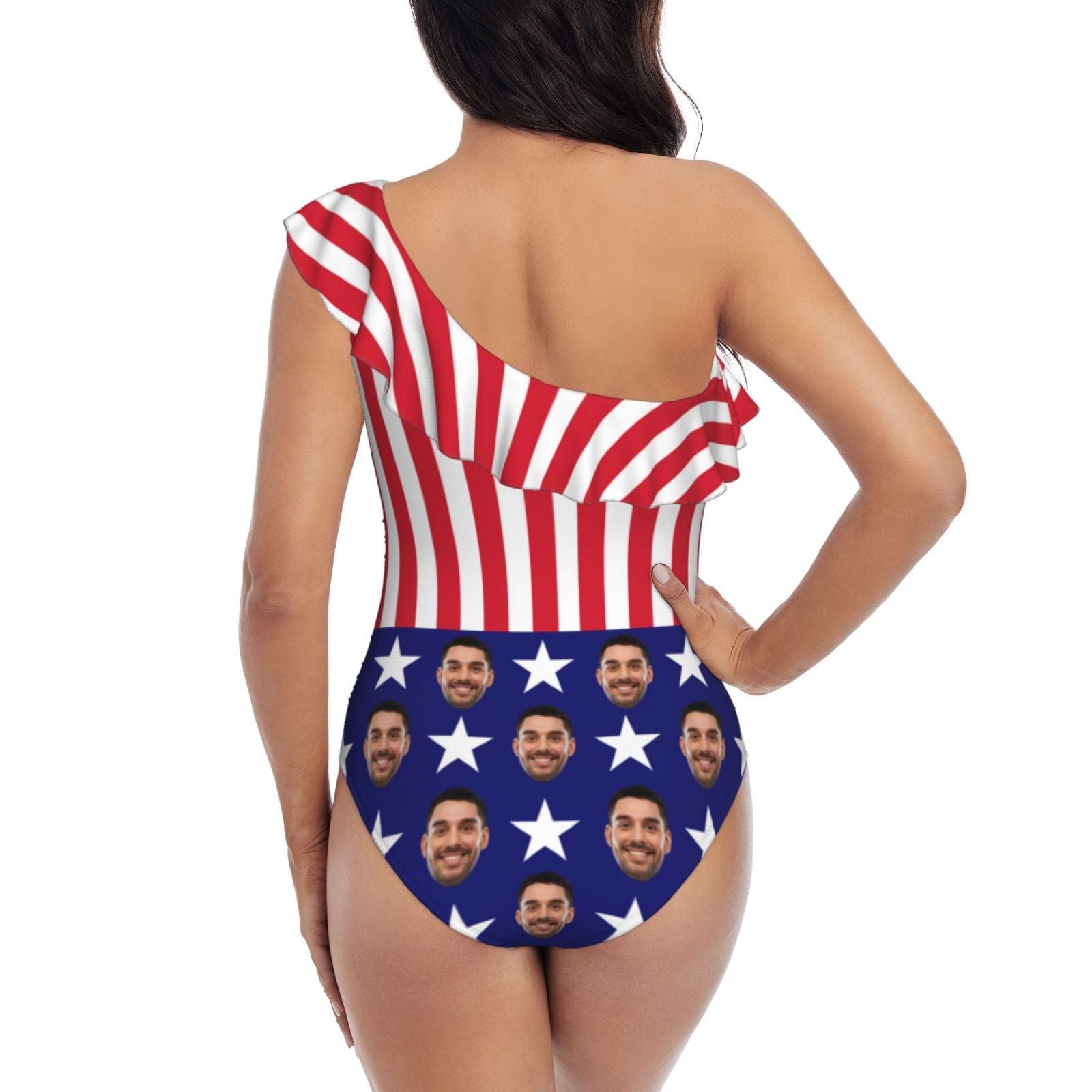 Custom #July 4-4th of July Custom Face USA Flag Swimwear Personalized Women's One Shoulder Ruffle One Piece Swimsuit - YesCustom