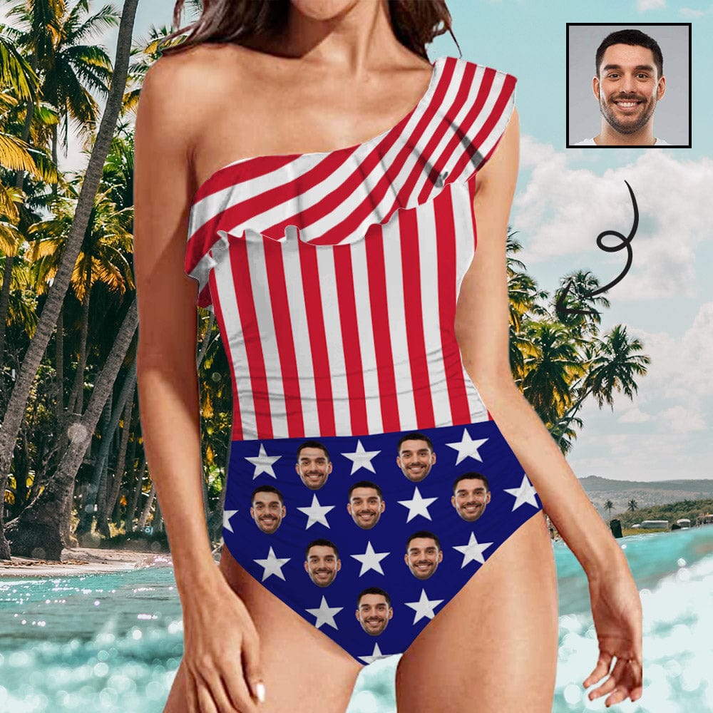 Custom #July 4-4th of July Custom Face USA Flag Swimwear Personalized Women's One Shoulder Ruffle One Piece Swimsuit - YesCustom
