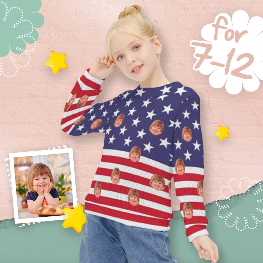 Custom Face Sweaters USA Flag Pullover Kid's Crewneck Sweater