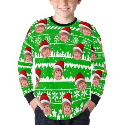 Custom #7-16Y Custom Face Happy Christmas Kids' Rib Cuff Long Sleeve T-shirt - YesCustom