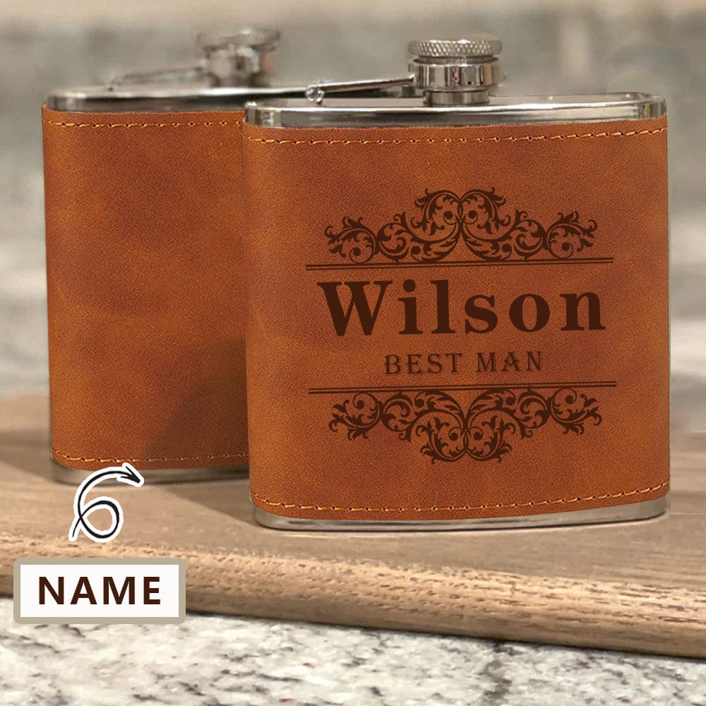Custom Name Best Man Hip Flask Leather Flask 6 OZ for Fathers Day Gift