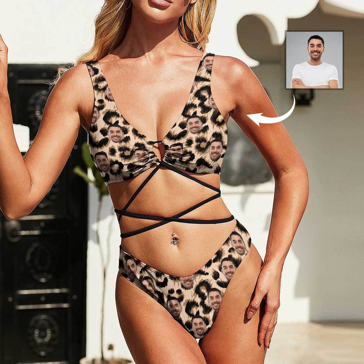 Custom #Leopard Bikini Set #Husband/Boyfriend Face On-Personalized Women's Swimwear Bikini Swimsuit Beach Bathing Suit Travel Boat Cruise Pool Party Outfits - YesCustom