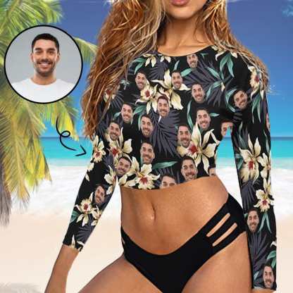 Custom #Long Sleeve Tankini Bikini Top-Custom Face Flowers Long Sleeve Swimwear Top Beach Surf Sunscreen Fashion Cropped Top - YesCustom