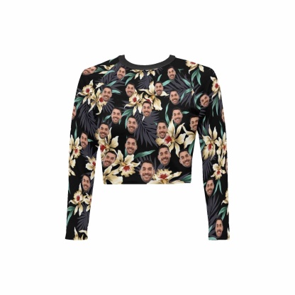 Custom #Long Sleeve Tankini Bikini Top-Custom Face Flowers Long Sleeve Swimwear Top Beach Surf Sunscreen Fashion Cropped Top - YesCustom