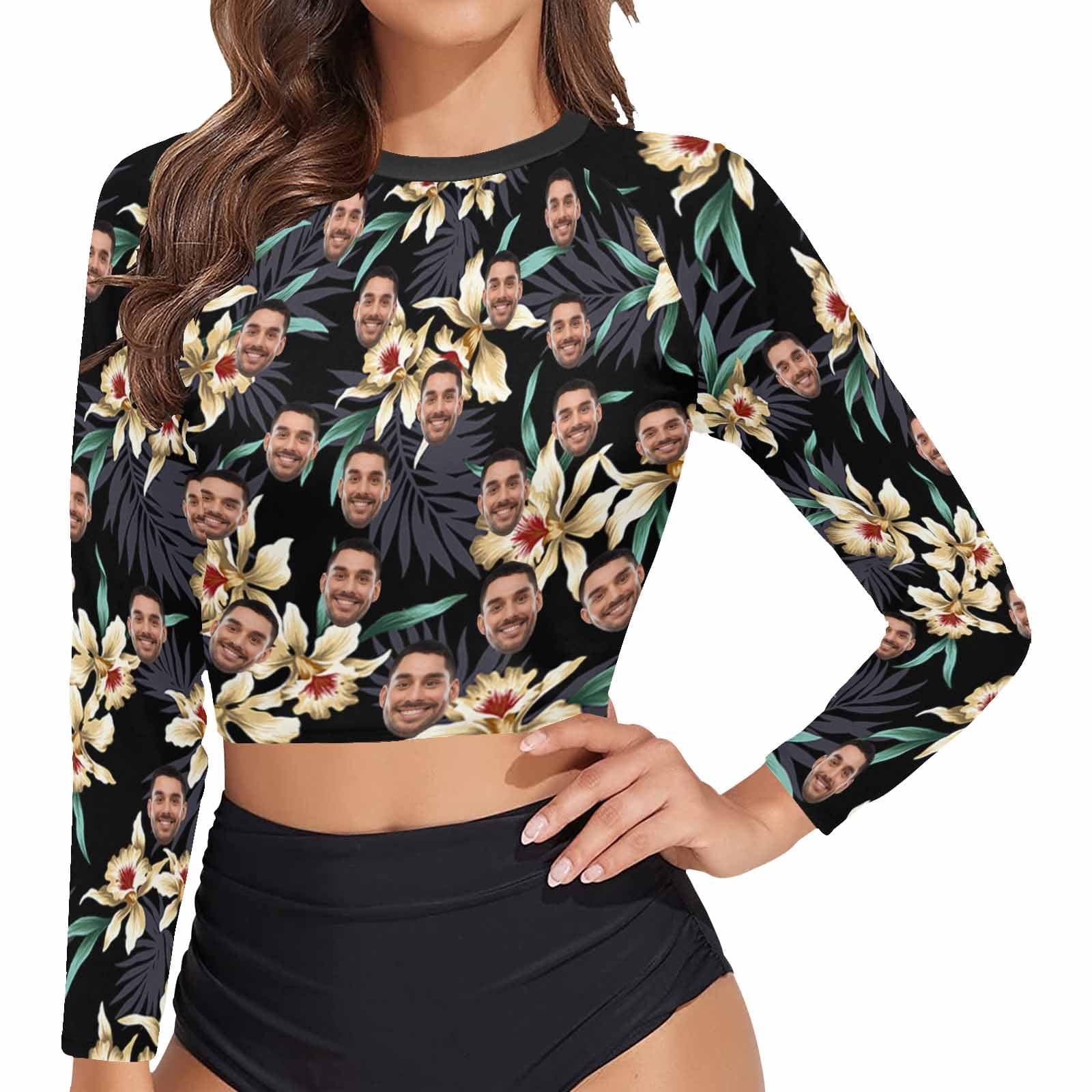 Custom #Long Sleeve Tankini Bikini Top-Custom Face Flowers Long Sleeve Swimwear Top Beach Surf Sunscreen Fashion Cropped Top - YesCustom