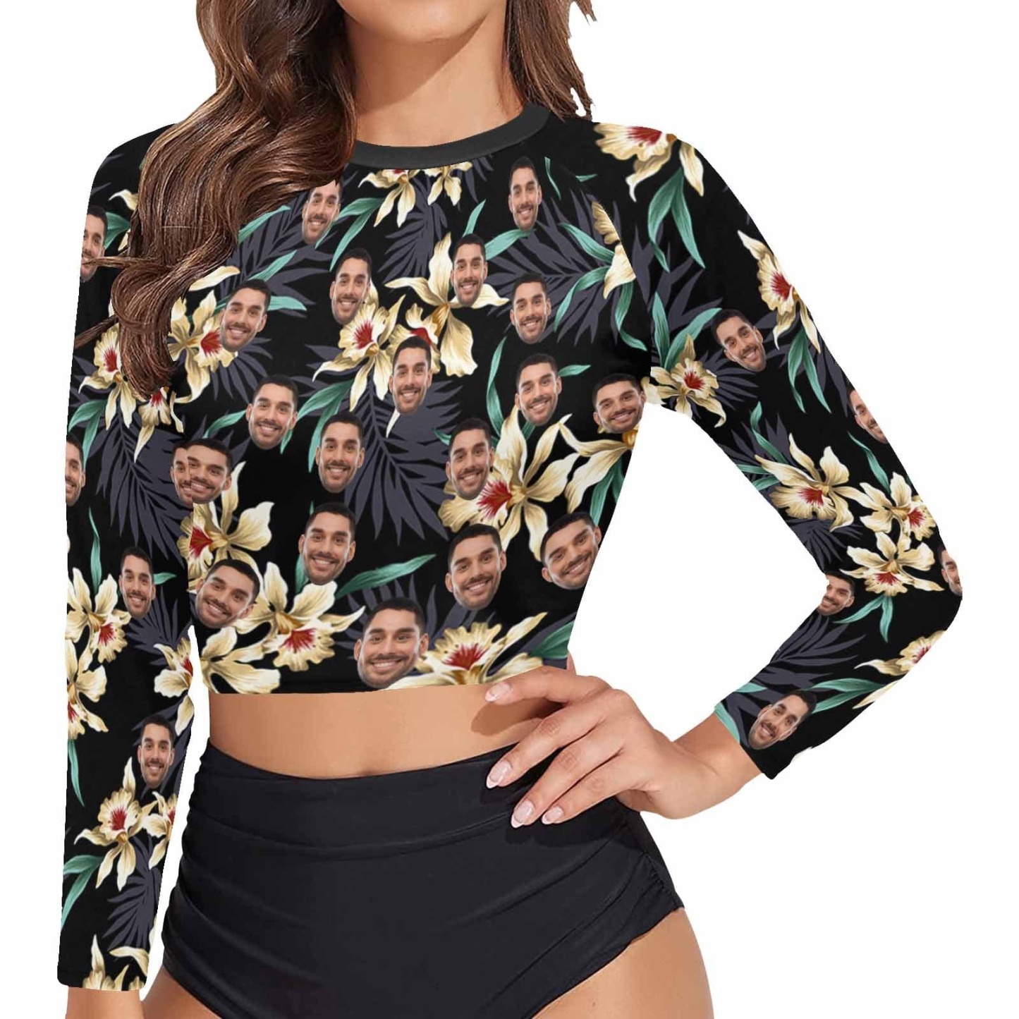 Custom #Long Sleeve Tankini Bikini Top-Custom Face Flowers Long Sleeve Swimwear Top Beach Surf Sunscreen Fashion Cropped Top - YesCustom