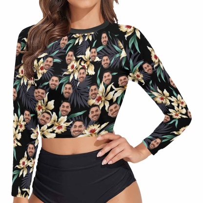 Custom #Long Sleeve Tankini Bikini Top-Custom Face Flowers Long Sleeve Swimwear Top Beach Surf Sunscreen Fashion Cropped Top - YesCustom