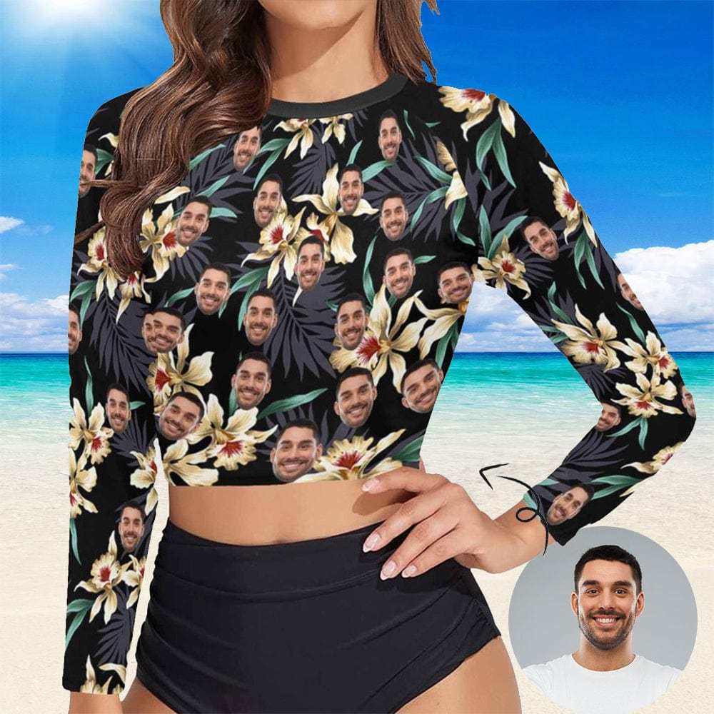 Custom #Long Sleeve Tankini Bikini Top-Custom Face Flowers Long Sleeve Swimwear Top Beach Surf Sunscreen Fashion Cropped Top - YesCustom