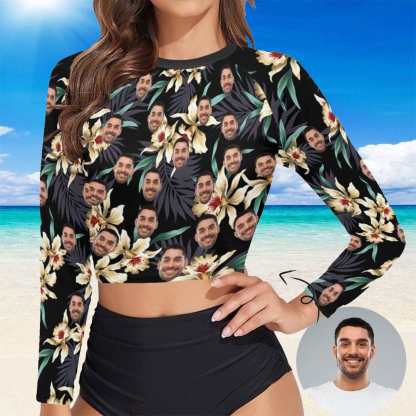 Custom #Long Sleeve Tankini Bikini Top-Custom Face Flowers Long Sleeve Swimwear Top Beach Surf Sunscreen Fashion Cropped Top - YesCustom
