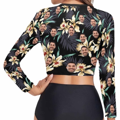 Custom #Long Sleeve Tankini Bikini Top-Custom Face Flowers Long Sleeve Swimwear Top Beach Surf Sunscreen Fashion Cropped Top - YesCustom