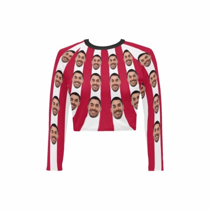 Custom #Long Sleeve Tankini Bikini Top-Custom Face Red&White Strips Long Sleeve Swimwear Top Beach Surf Sunscreen Fashion Cropped Top - YesCustom
