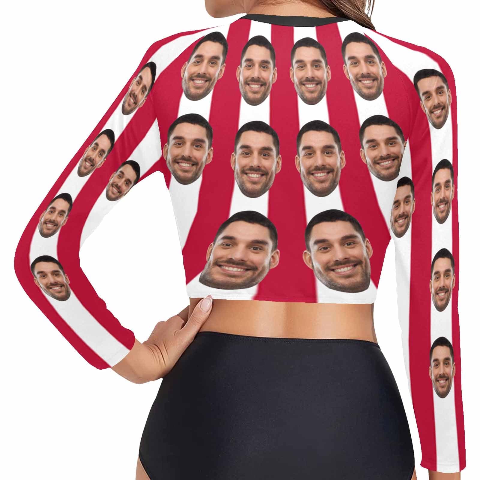 Custom #Long Sleeve Tankini Bikini Top-Custom Face Red&White Strips Long Sleeve Swimwear Top Beach Surf Sunscreen Fashion Cropped Top - YesCustom