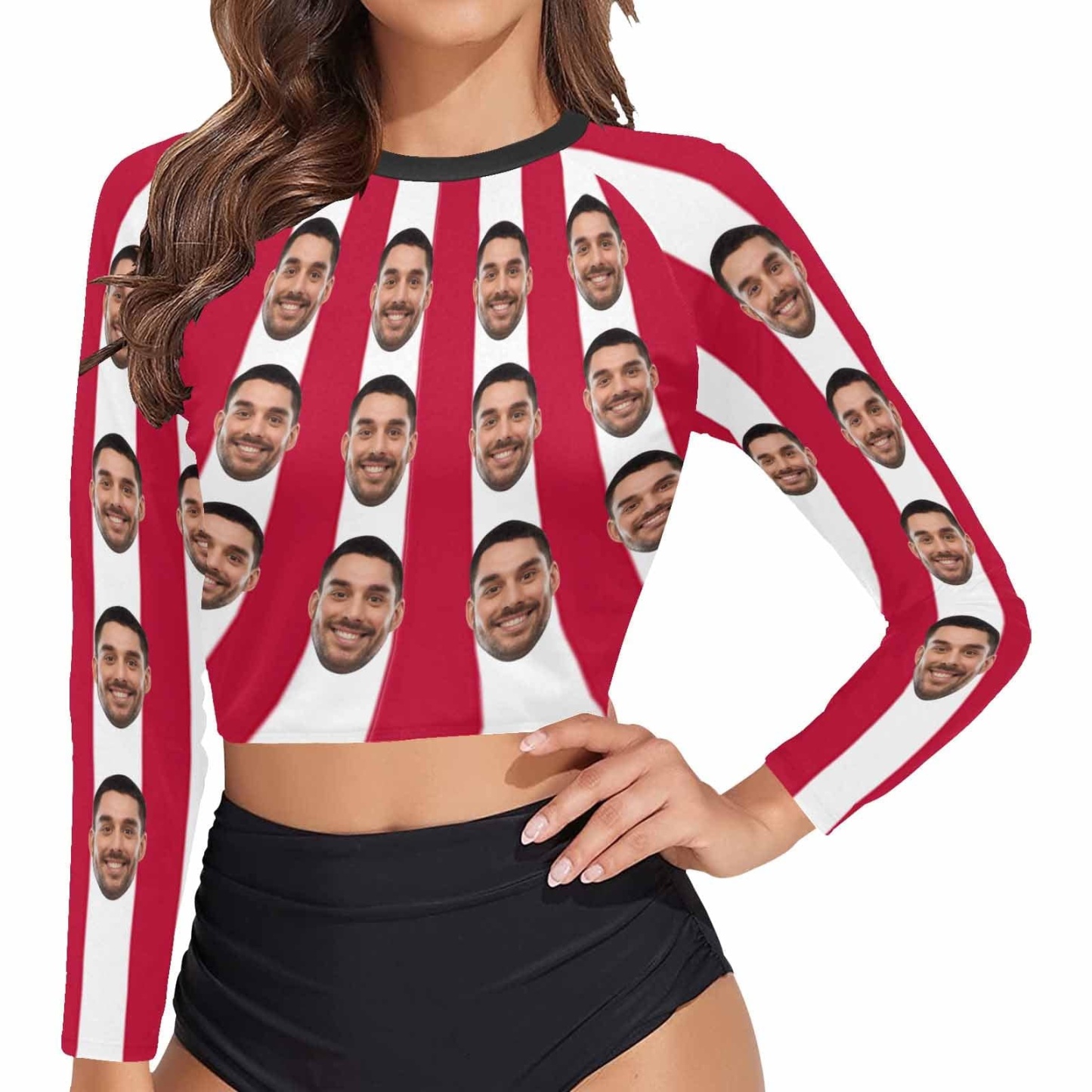 Custom #Long Sleeve Tankini Bikini Top-Custom Face Red&White Strips Long Sleeve Swimwear Top Beach Surf Sunscreen Fashion Cropped Top - YesCustom