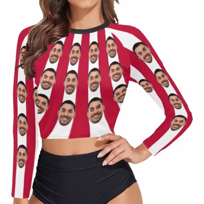 Custom #Long Sleeve Tankini Bikini Top-Custom Face Red&White Strips Long Sleeve Swimwear Top Beach Surf Sunscreen Fashion Cropped Top - YesCustom