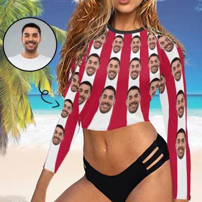 Custom #Long Sleeve Tankini Bikini Top-Custom Face Red&White Strips Long Sleeve Swimwear Top Beach Surf Sunscreen Fashion Cropped Top - YesCustom