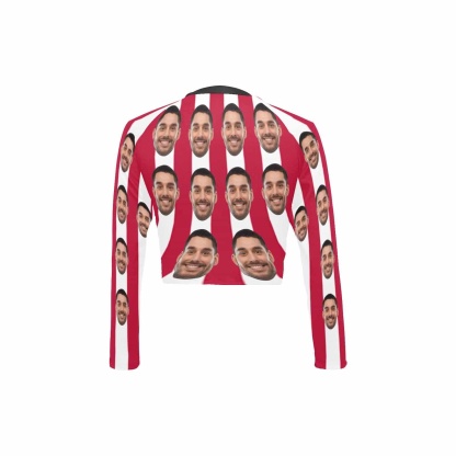 Custom #Long Sleeve Tankini Bikini Top-Custom Face Red&White Strips Long Sleeve Swimwear Top Beach Surf Sunscreen Fashion Cropped Top - YesCustom