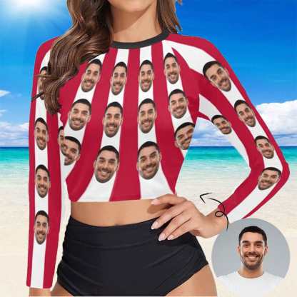 Custom #Long Sleeve Tankini Bikini Top-Custom Face Red&White Strips Long Sleeve Swimwear Top Beach Surf Sunscreen Fashion Cropped Top - YesCustom