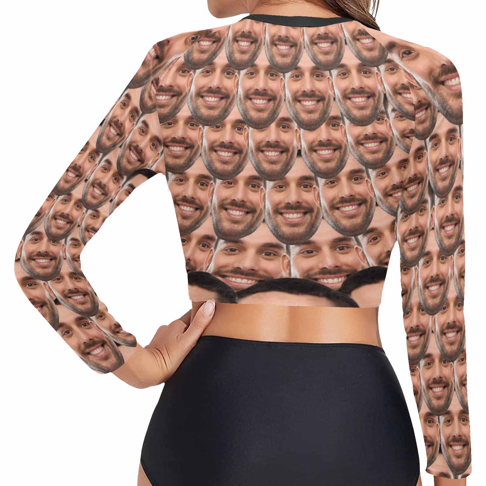 Custom #Long Sleeve Tankini Bikini Top-Custom Funny Face Long Sleeve Swimwear Top Beach Surf Sunscreen Fashion Cropped Top - YesCustom