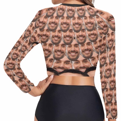 Custom #Long Sleeve Tankini Bikini Top-Custom Funny Face Long Sleeve Swimwear Top Beach Surf Sunscreen Fashion Cropped Top - YesCustom