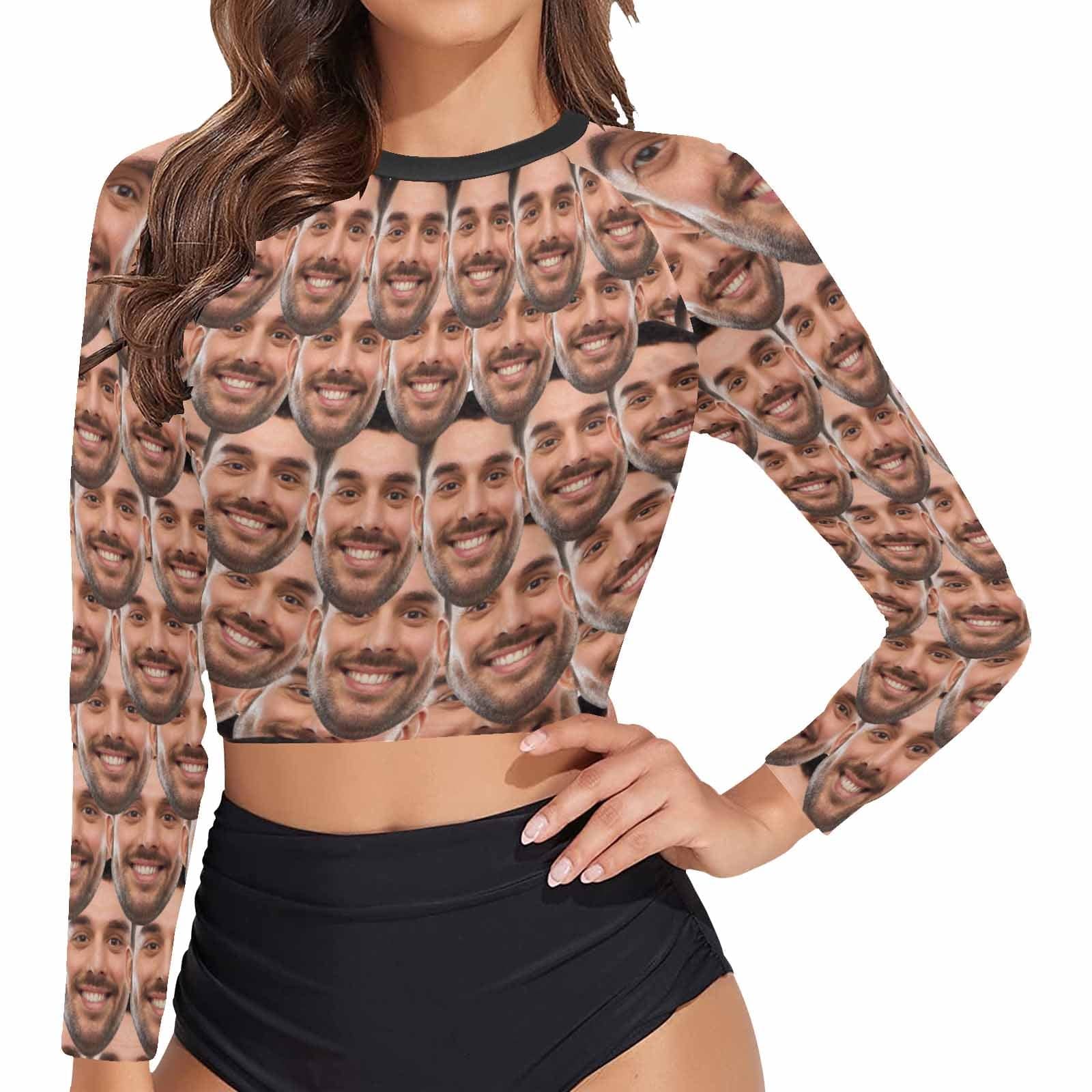 Custom #Long Sleeve Tankini Bikini Top-Custom Funny Face Long Sleeve Swimwear Top Beach Surf Sunscreen Fashion Cropped Top - YesCustom