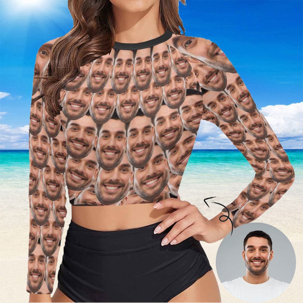 Custom #Long Sleeve Tankini Bikini Top-Custom Funny Face Long Sleeve Swimwear Top Beach Surf Sunscreen Fashion Cropped Top - YesCustom