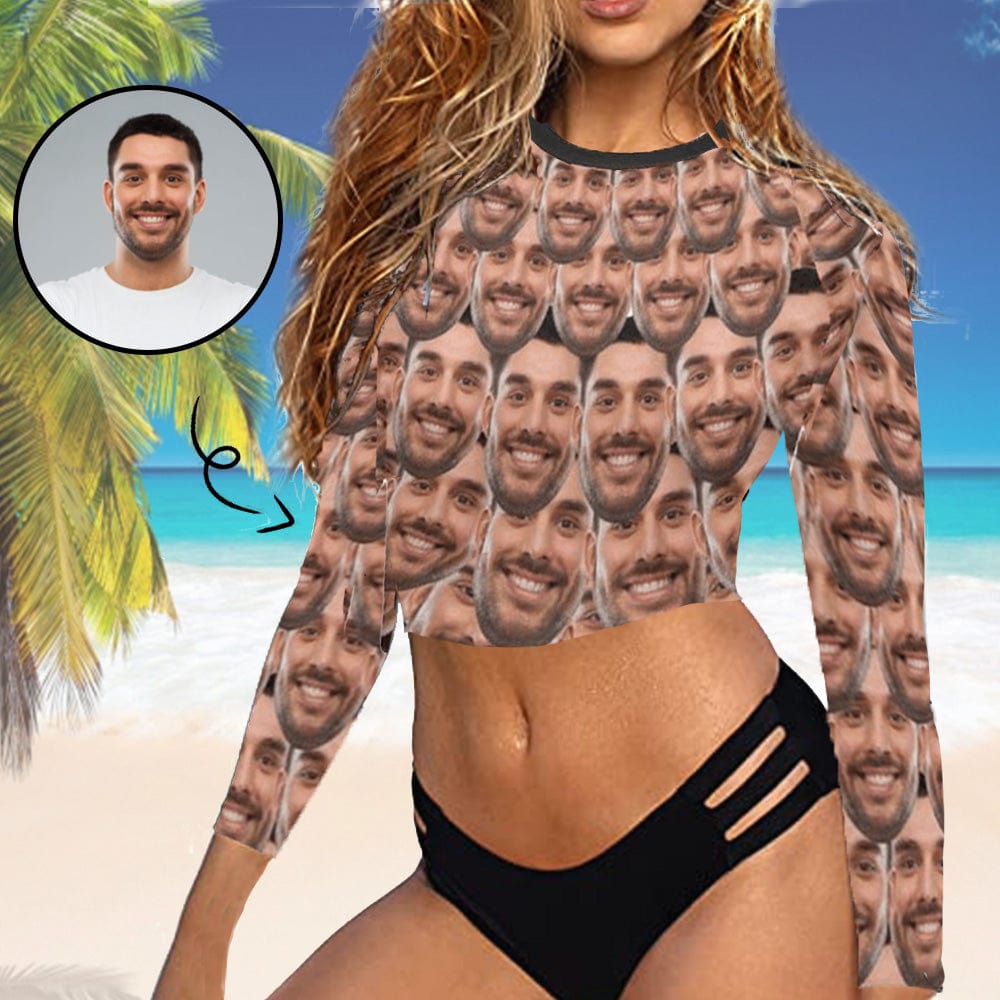 Custom #Long Sleeve Tankini Bikini Top-Custom Funny Face Long Sleeve Swimwear Top Beach Surf Sunscreen Fashion Cropped Top - YesCustom