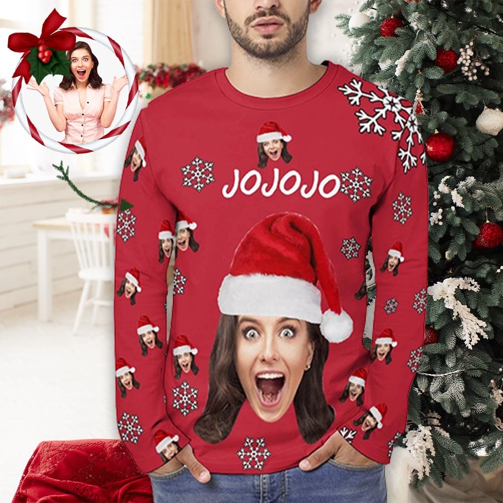 Custom Face Snowflake Christmas Red Hat Long T-Shirt Best Gift For Him