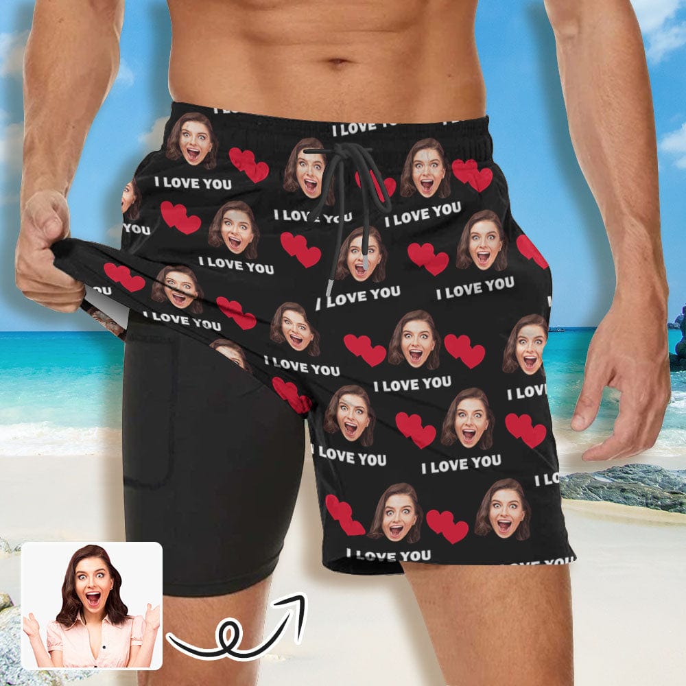 Custom Face Red Heart I Love You Quick Dry 2 in 1 Surfing Beach Shorts