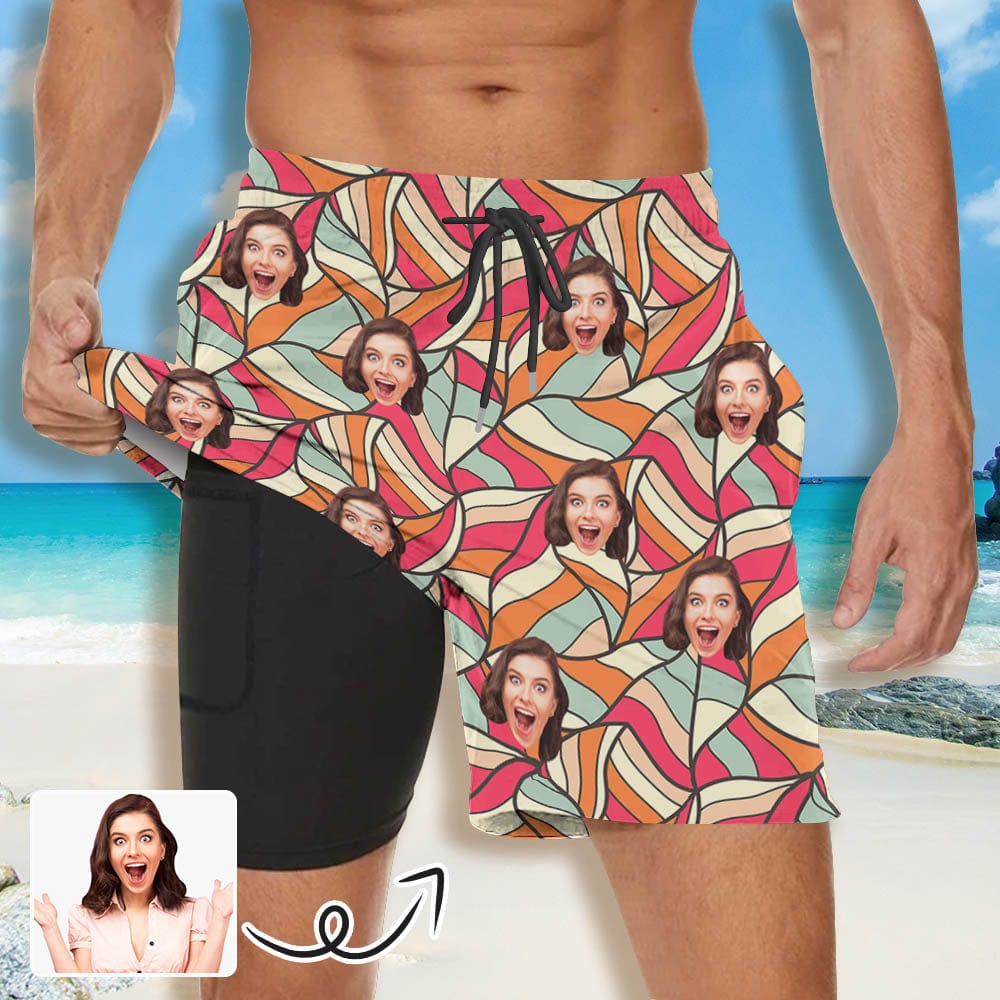 Custom Face Messy Stripes Men Quick Dry 2 in 1 Surfing Beach Shorts