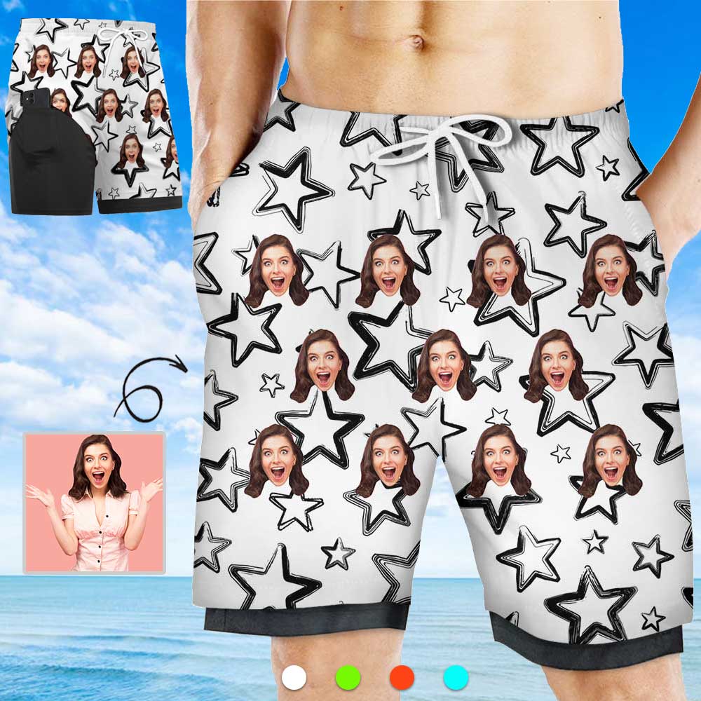 Custom Face Multiple Colors Star Quick Dry 2 in 1 Surfing Beach Shorts