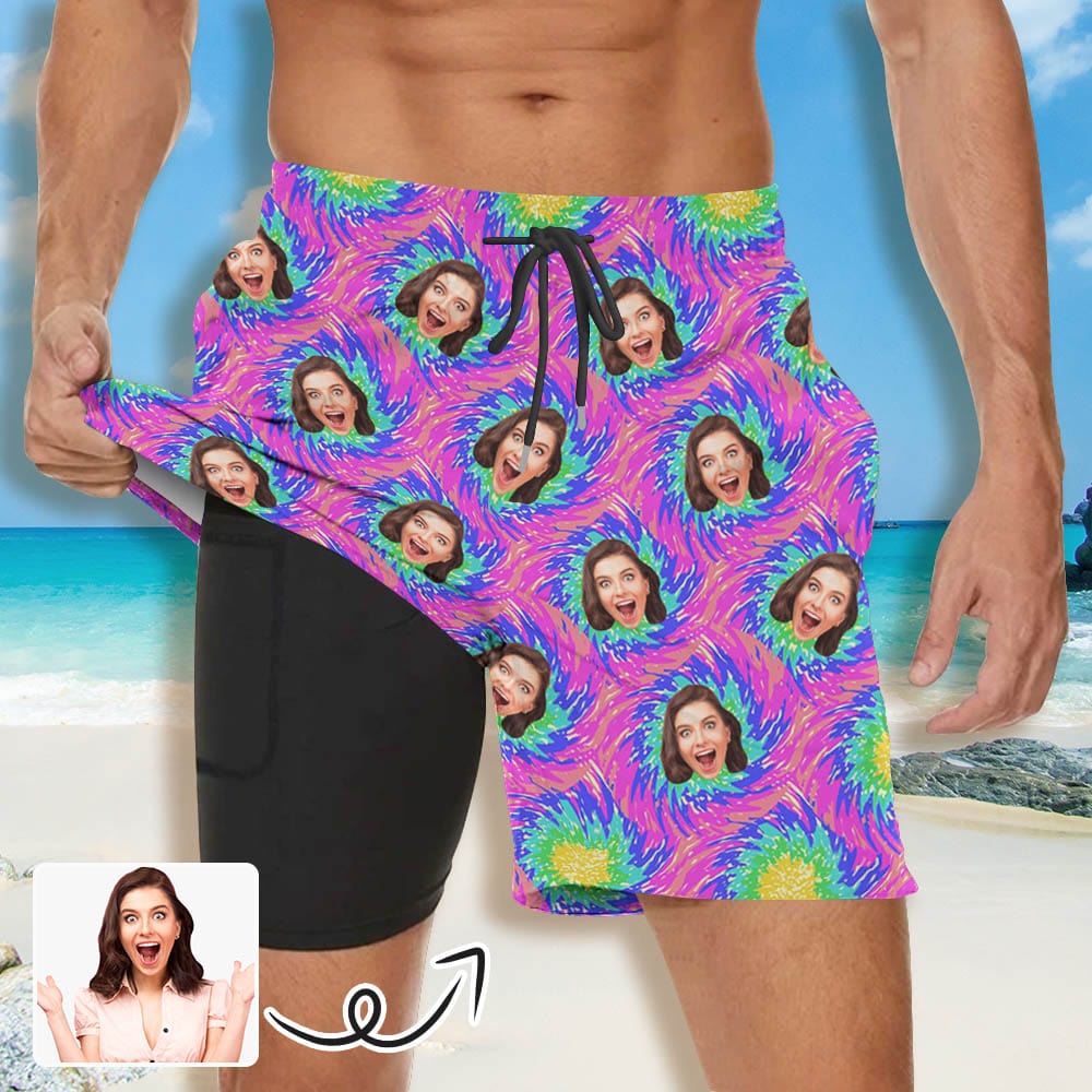 Custom Face Purple Green Lattice Men Quick Dry 2 in 1 Surfing Beach Shorts