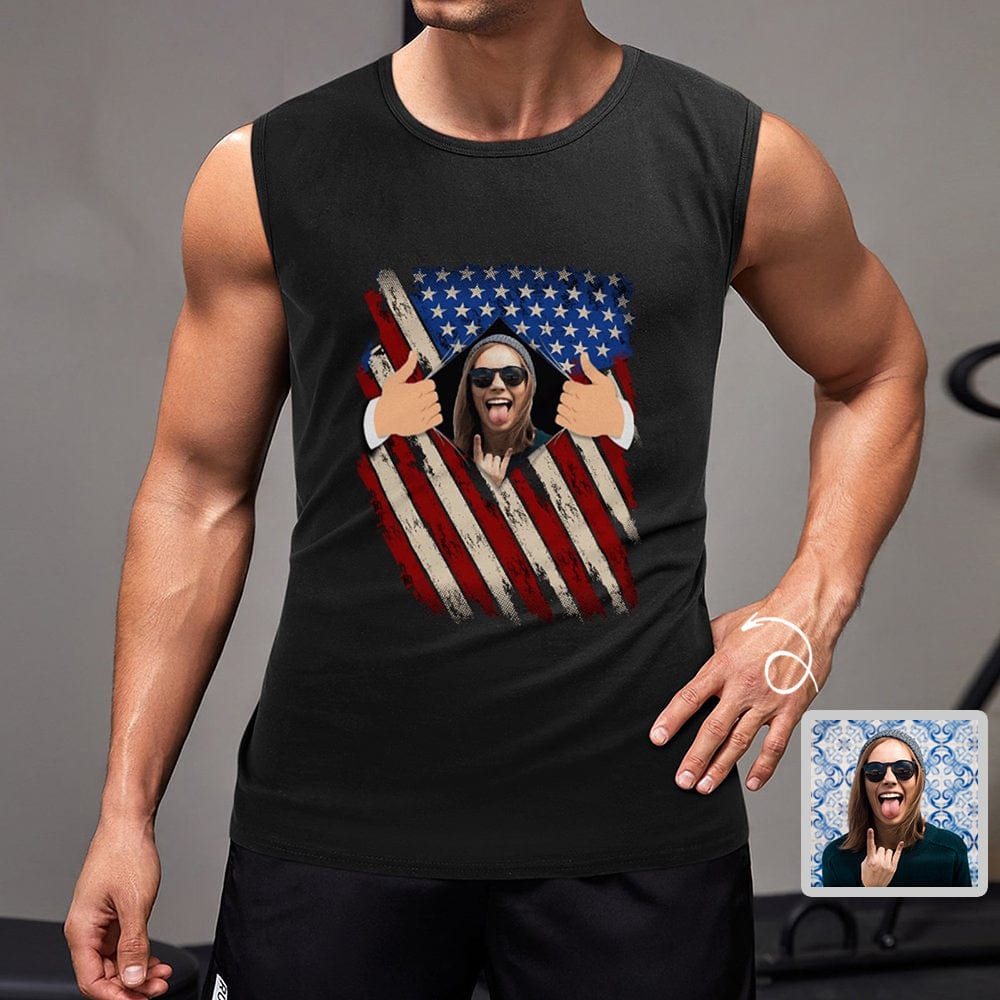 Custom Face USA Flag Sleeveless T-Shirt Personalized Men's Tank Top