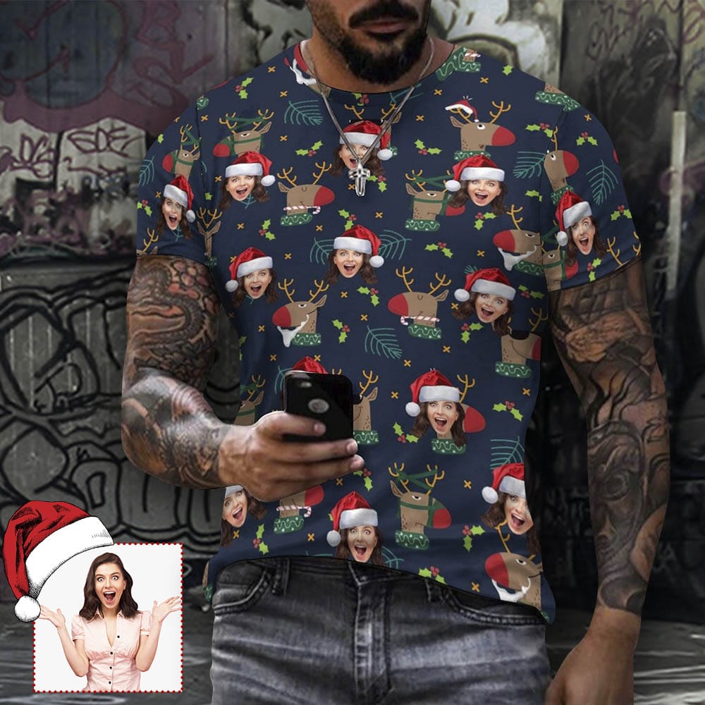 Custom Face Elk Christmas Red Hat Men Full Print Short Sleeve T-Shirt