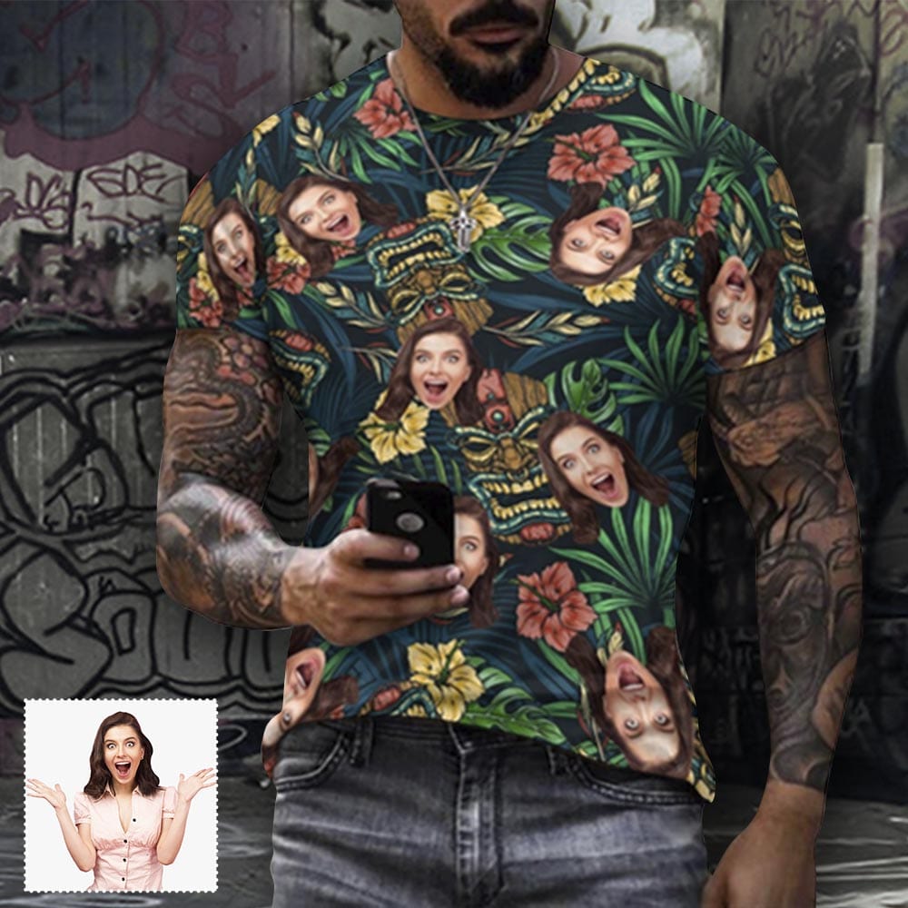 Custom Face Leaf Flower Cotton Men's Full Print Short Sleeve T-Shirt
