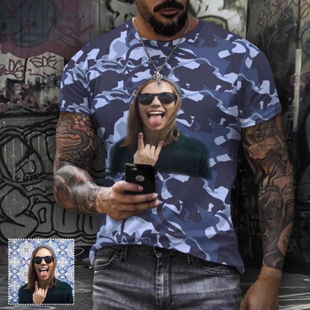 Custom Face Blue Funny Cotton Men's Full Print Short Sleeve T-Shirt