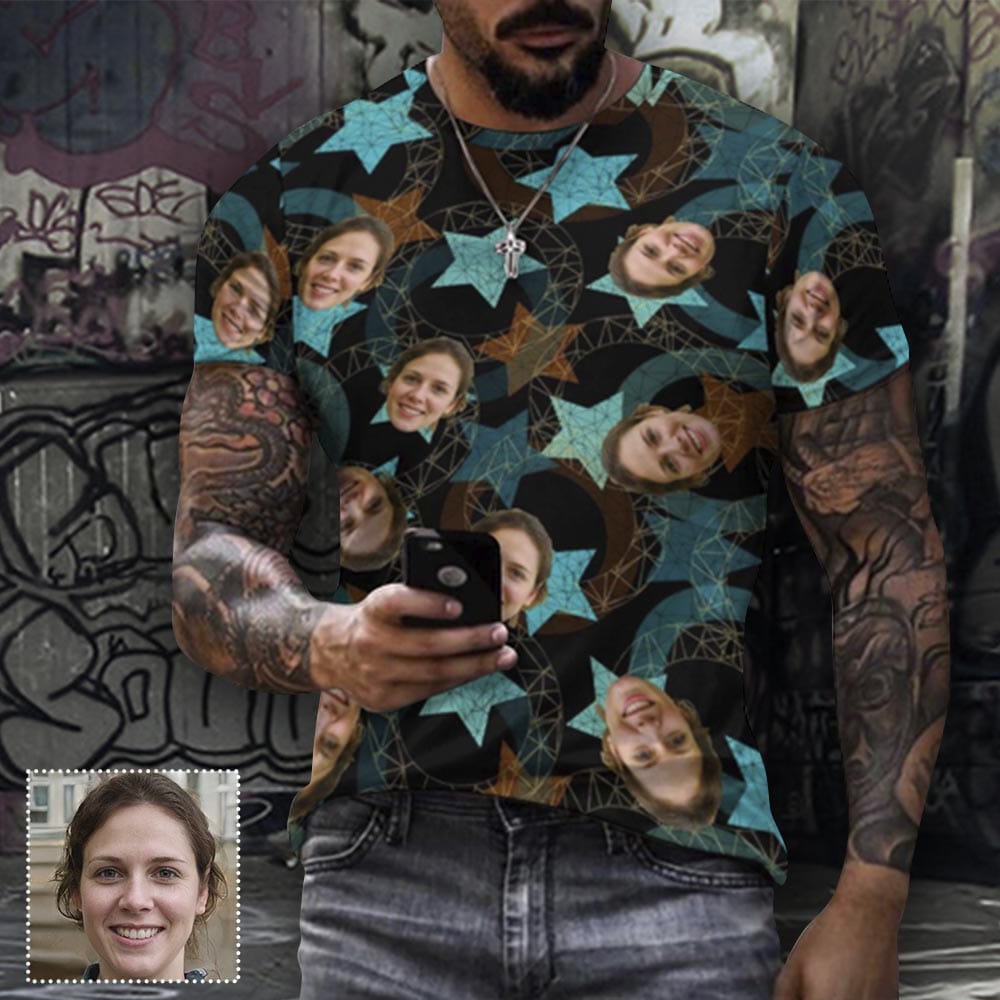 Custom Face Star Pure Cotton Men's Full Print Short Sleeve T-Shirt