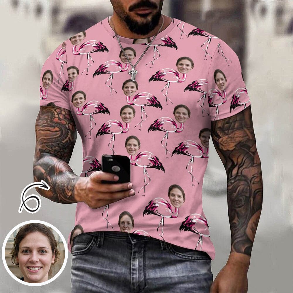 Custom Face Flamingo Pink Cotton Men's Full Print Short Sleeve T-Shirt