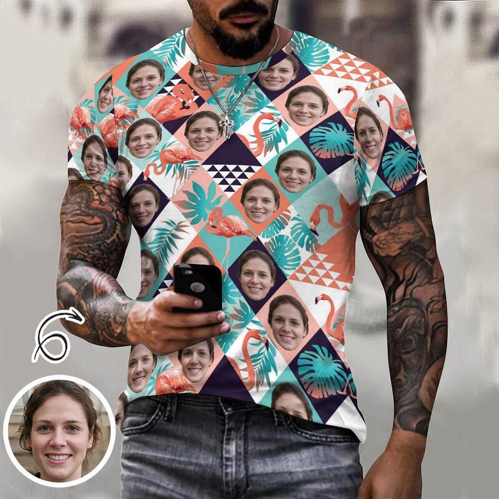 Custom Face Flamingo Checkered Men's Full Print Short Sleeve T-Shirt